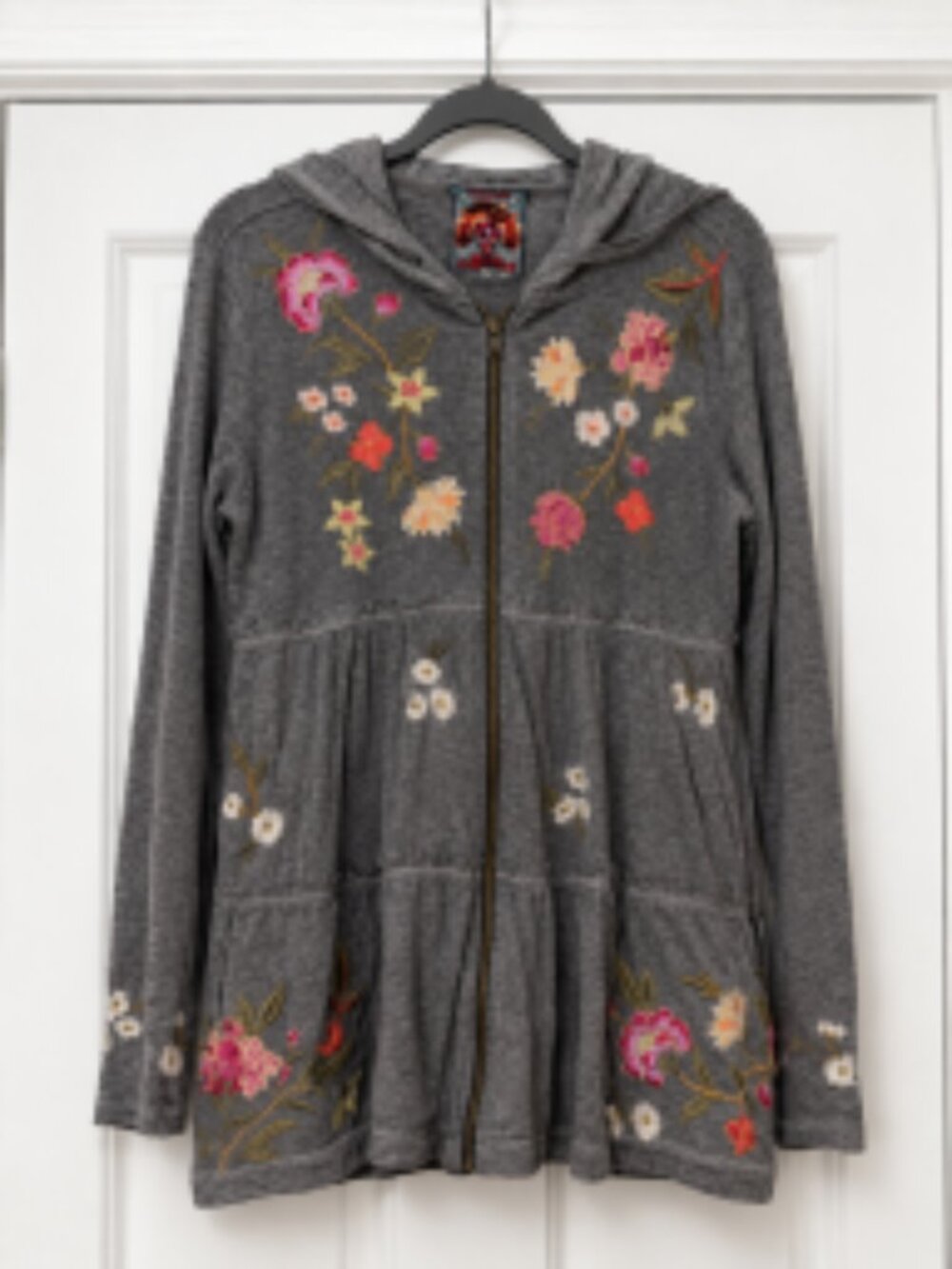 $275 Johnny Was Acacia Embroidered Tiered Zip Hoodie Floral Boho Cotton Jacket S